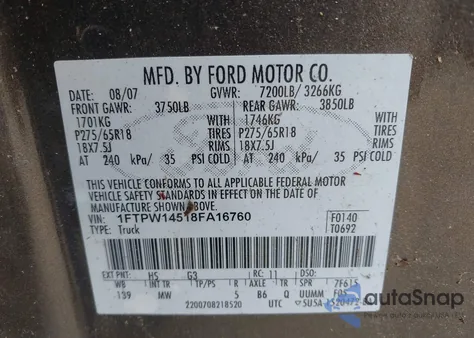 2008 Ford F-150 60Th Anniversary/Fx4/King Ranch/Lariat/Limited/Xlt from USA, damaged, VIN 1FTPW14518FA16760